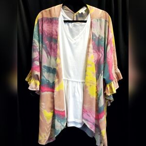 Umgee/Entro white v neck ruffled bottom blouse with bright overlay